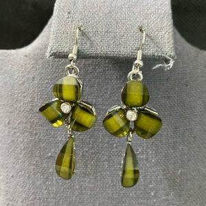 Vintage Olive Green Flower with center rhinestone dangling pierced earrings
